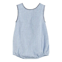 Load image into Gallery viewer, Blue Seersucker Whale Applique Baby Bubble Romper