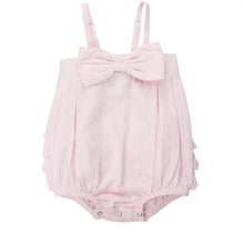 Load image into Gallery viewer, Baby Girls Pink Seersucker Bow Front Woven Bubble Romper