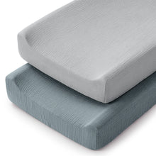 Load image into Gallery viewer, Muslin Fitted Changing Pad Cover, 2 Pack in Pacific Blue and Heather Blue