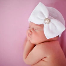 Load image into Gallery viewer, White OR Pink Newborn Girl Bow Pearl Center Hospital Hat