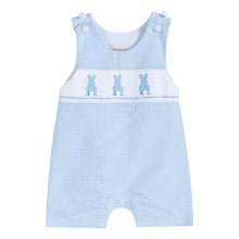 Load image into Gallery viewer, Blue Gingham Easter Bunny Smocked Shortalls