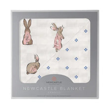 Load image into Gallery viewer, Powder Pink Bunnies & Periwinkle Diamond Polka Dot Blanket