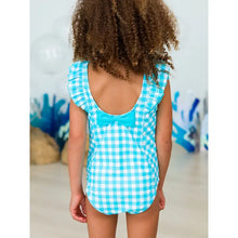 Load image into Gallery viewer, Girls Bright Aqua Gingham Waterfall One Piece