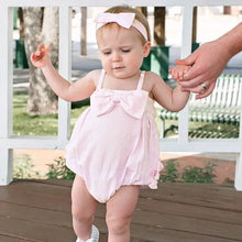Load image into Gallery viewer, Baby Girls Pink Seersucker Bow Front Woven Bubble Romper