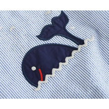 Load image into Gallery viewer, Blue Seersucker Whale Applique Baby Bubble Romper