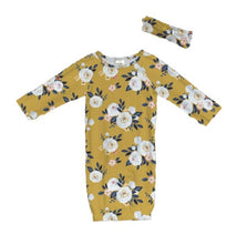 Load image into Gallery viewer, Mustard baby gown and bow headband
