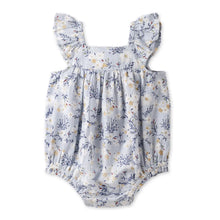 Load image into Gallery viewer, Baby Girl Blue Floral Bubble Romper – Cotton Linen Sunsuit