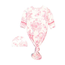 Load image into Gallery viewer, Baby Girls Pink Butterfly Garden Toile Bamboo Viscose Knotted Ruffle Gown & Hat Set