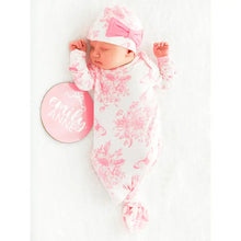 Load image into Gallery viewer, Baby Girls Pink Butterfly Garden Toile Bamboo Viscose Knotted Ruffle Gown & Hat Set