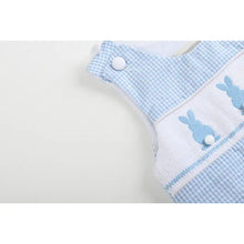Load image into Gallery viewer, Blue Gingham Easter Bunny Smocked Shortalls