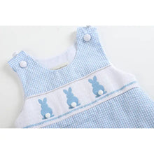 Load image into Gallery viewer, Blue Gingham Easter Bunny Smocked Shortalls