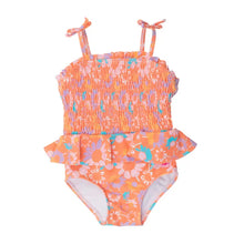 Load image into Gallery viewer, Girls Coral Floral Peplum Smocked Bodice One Piece