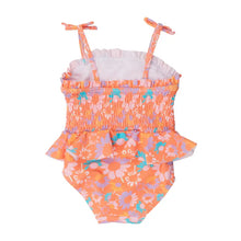Load image into Gallery viewer, Girls Coral Floral Peplum Smocked Bodice One Piece