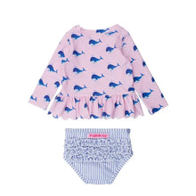Load image into Gallery viewer, Baby Girls Pink Whale Friends Scalloped Long Sleeve Rash Guard 2-Piece