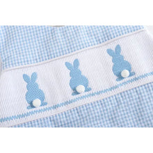 Load image into Gallery viewer, Blue Gingham Easter Bunny Smocked Shortalls