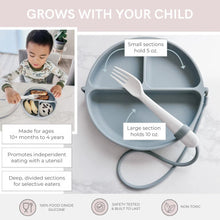 Load image into Gallery viewer, DropLess Plate: Silicone Suction Plate + Utensil Attachment (Grey)