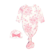 Load image into Gallery viewer, Baby Girls Pink Butterfly Garden Toile Bamboo Viscose Knotted Ruffle Gown & Hat Set