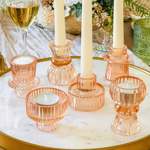 Load image into Gallery viewer, Vintage Ribbed Glass Rose Gold Candle/Candlestick Holders Set of 6 - Assorted