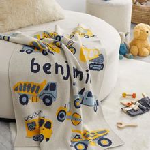 Load image into Gallery viewer, Baby Trucks Personalized Blanket (Cream/Light Blue/Mango/Navy Jeans)