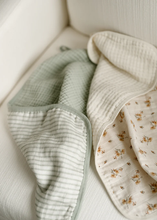 Load image into Gallery viewer, 'DAINTY FLORAL' & 'SEA MOSS' SAGE GREEN STRIPE - MUSLIN BURP CLOTH 2-PACK