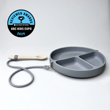 Load image into Gallery viewer, DropLess Plate: Silicone Suction Plate + Utensil Attachment (Grey)