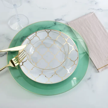Load image into Gallery viewer, Round Green • Gold Plastic Plates | 10 Pack
