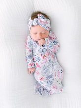Load image into Gallery viewer, Newborn Knotted Baby Gown HEADBAND & HAT Set - Bloom