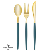 Load image into Gallery viewer, Teal • Gold Plastic Cutlery Set | 32 Pieces