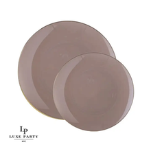 Load image into Gallery viewer, Round Taupe • Gold Plastic Plates | 10 Pack