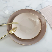Load image into Gallery viewer, Round Taupe • Gold Plastic Plates | 10 Pack