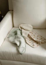 Load image into Gallery viewer, 'DAINTY FLORAL' & 'SEA MOSS' SAGE GREEN STRIPE - MUSLIN BURP CLOTH 2-PACK