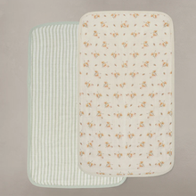 Load image into Gallery viewer, 'DAINTY FLORAL' & 'SEA MOSS' SAGE GREEN STRIPE - MUSLIN BURP CLOTH 2-PACK