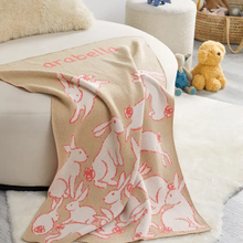 Load image into Gallery viewer, Baby Rabbits Personalized Blanket (Flax/Light Pink/Coral/White)