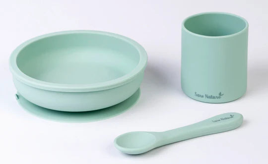 Feeding set 3 section plate, cup and cutlery - Mint