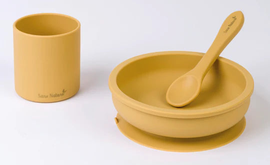 Feeding set 3 section plate, cup and cutlery - Mustard