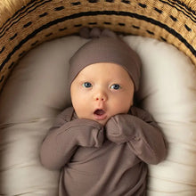 Load image into Gallery viewer, Three little tots- Cocoa Brown Ribbed Knotted Newborn Baby Gown with Hat
