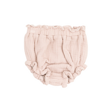 Load image into Gallery viewer, Solid Muslin Rose Smoke Pinafore With Crochet Heart Lace And High Waisted
