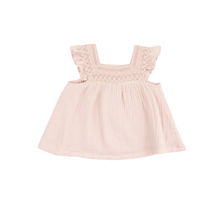 Load image into Gallery viewer, Solid Muslin Rose Smoke Pinafore With Crochet Heart Lace And High Waisted

