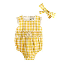 Load image into Gallery viewer, Lucy Gingham Smocked Baby Romper + Headband (Organic)
