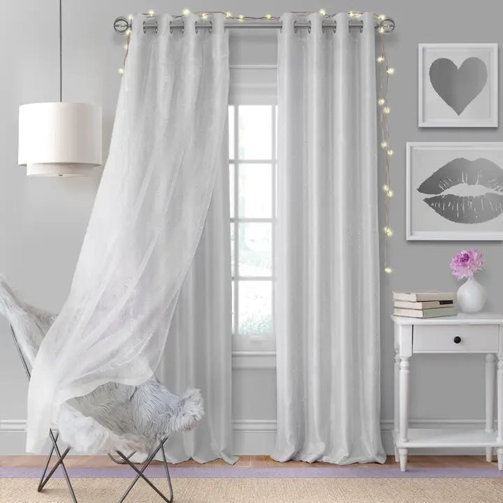 Aurora Kids Blackout Sheer Sparkle Overlay Curtain Panel (Pearl Gray)