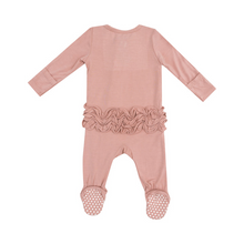 Load image into Gallery viewer, Solid Mellow Rose 2 Way Zipper Ruffle Back Footie
