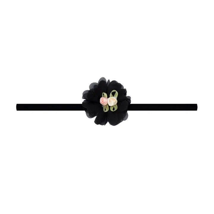 Baby Bling® Flower Skinny soft nylon headband (Black Chiffon Rosebud)