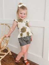 Load image into Gallery viewer, Mustard &amp; Grey Floral Print Sleeve Ruffled Top &amp; Black Chambray : Infant : Baby
