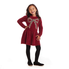 Load image into Gallery viewer, Kids Eyelash Sweater Dress | Red Bow Christmas Holiday
