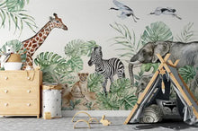 Load image into Gallery viewer, Wild Life Safari Giraffe Elephant Zebra Lion Cub Palm Trees Removable Wallpaper
