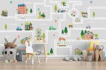 Load image into Gallery viewer, Houses Roads Kindergarten Cartoon City Plan Cars Removable Wallpaper
