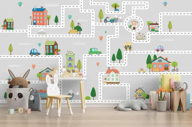 Houses Roads Kindergarten Cartoon City Plan Cars Removable Wallpaper