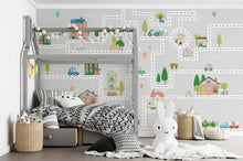 Load image into Gallery viewer, Houses Roads Kindergarten Cartoon City Plan Cars Removable Wallpaper
