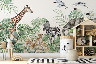 Wild Life Safari Giraffe Elephant Zebra Lion Cub Palm Trees Removable Wallpaper