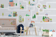 Load image into Gallery viewer, Houses Roads Kindergarten Cartoon City Plan Cars Removable Wallpaper
